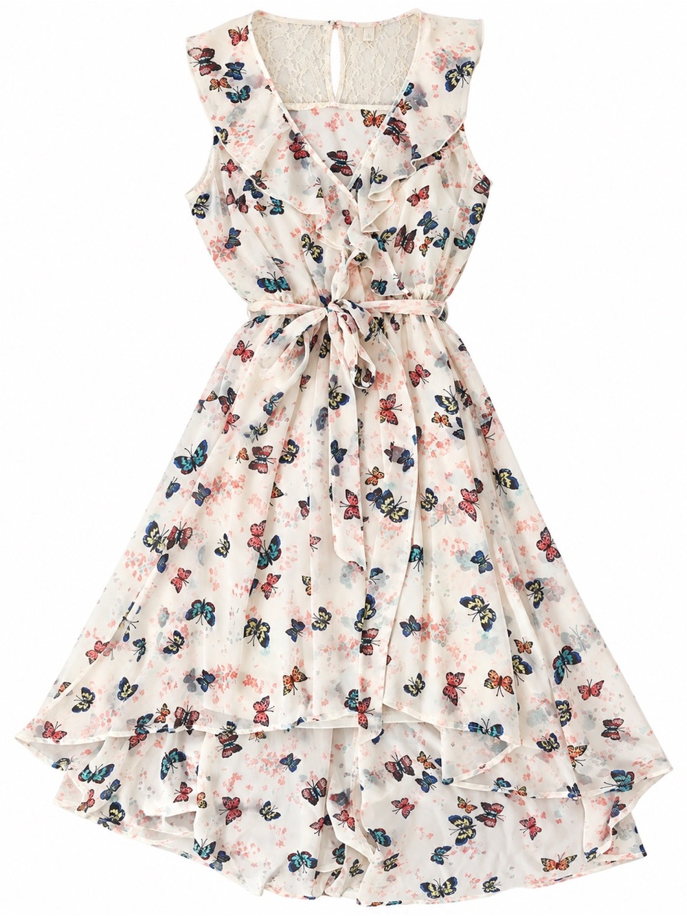 Butterfly Print Ivory Hi-Low Wrap Dress with Tie Waist